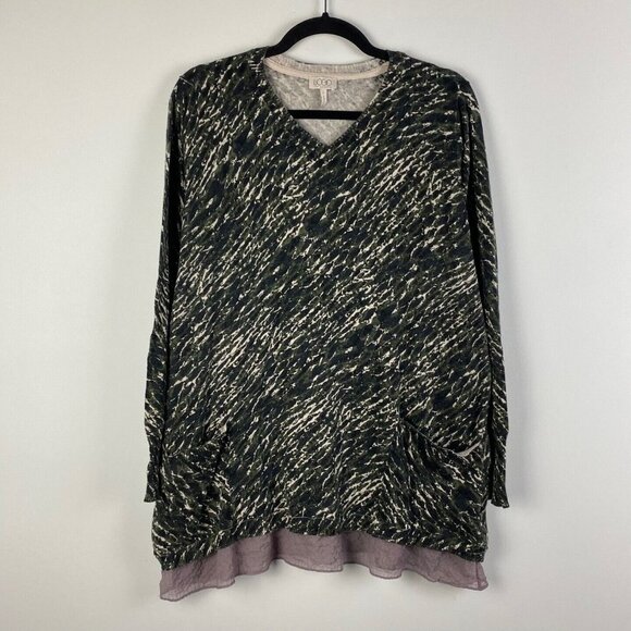 LOGO by Lori Goldstein Large Cotton Cashmere Blend Sweater Chiffon Hem V Neck - Picture 1 of 9